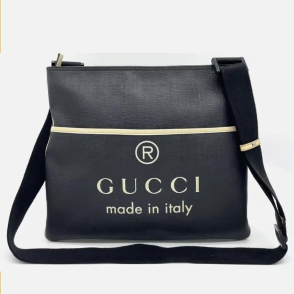 Authentic Gucci Logo Messenger Crossbody Bag Black Canvas Leather Trim Designer